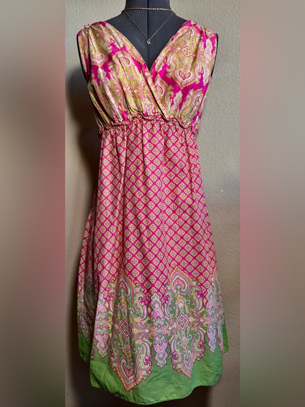 Vintage Pink Green Floral Paisley Wrap V Neck Midi Dress M 14